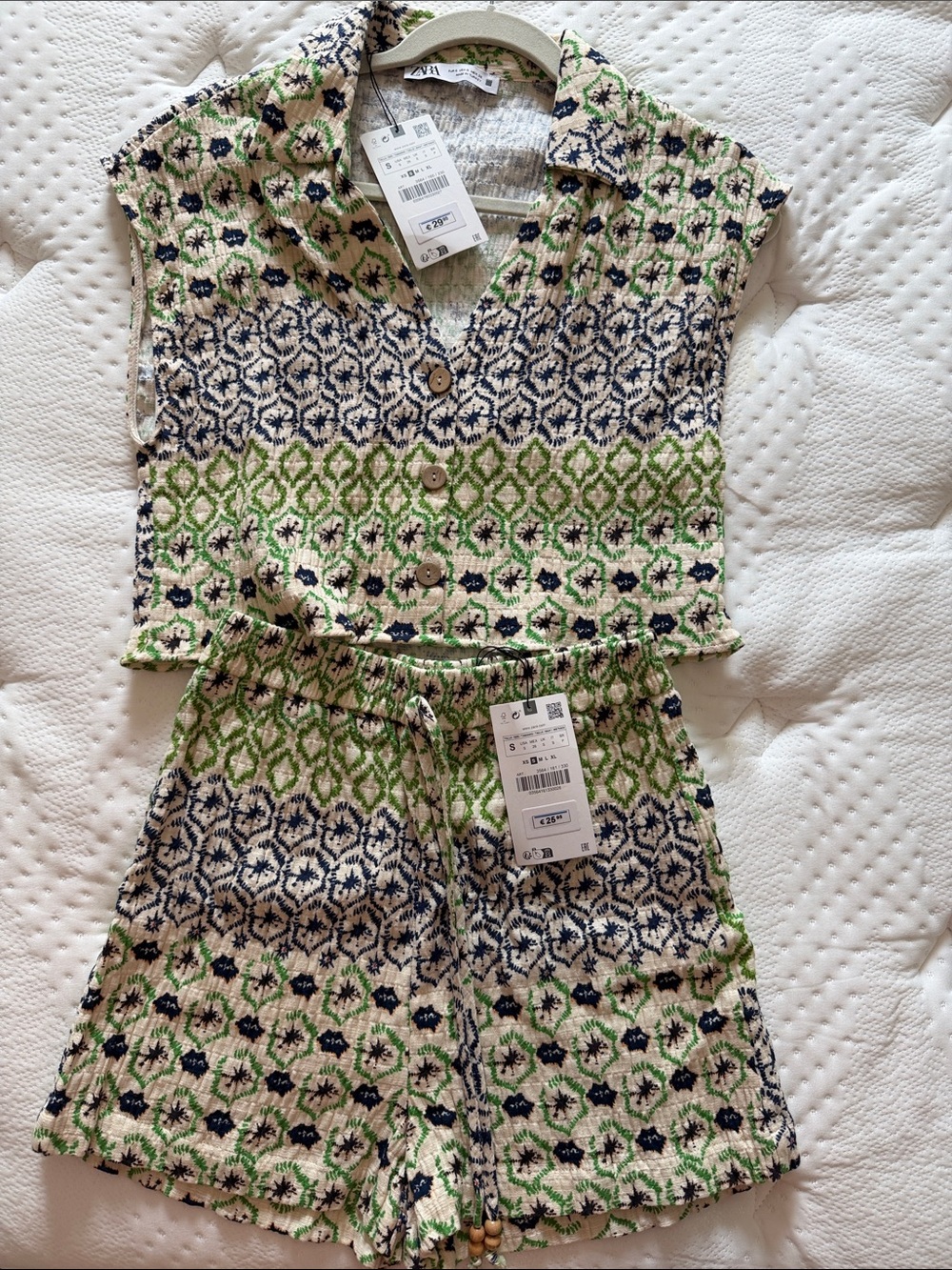 Zara Two-Piece Summer Set Green & Navy Patterned